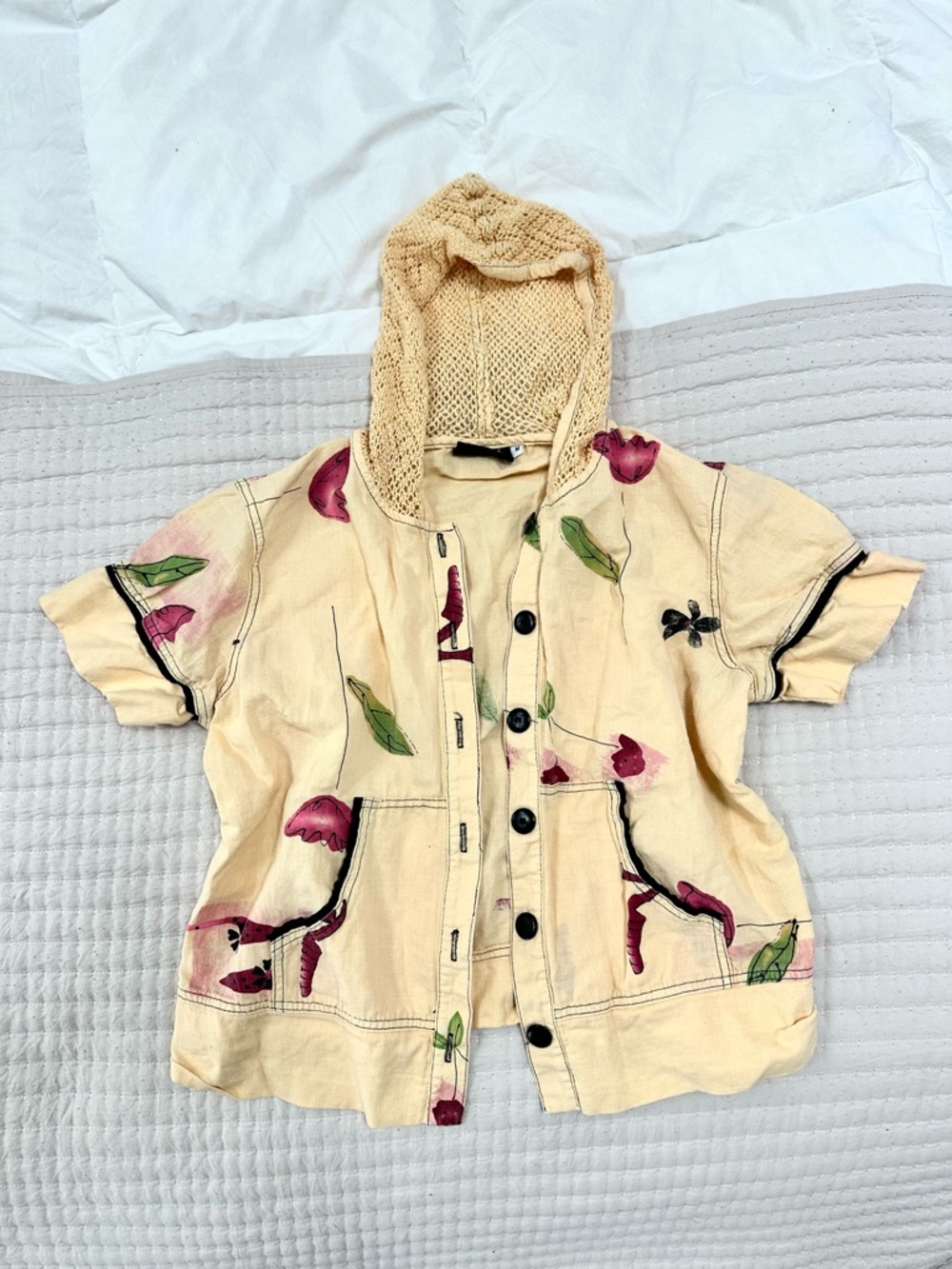 vintage y2k art print crochet hooded top — linen cottagecore indie short sleeve